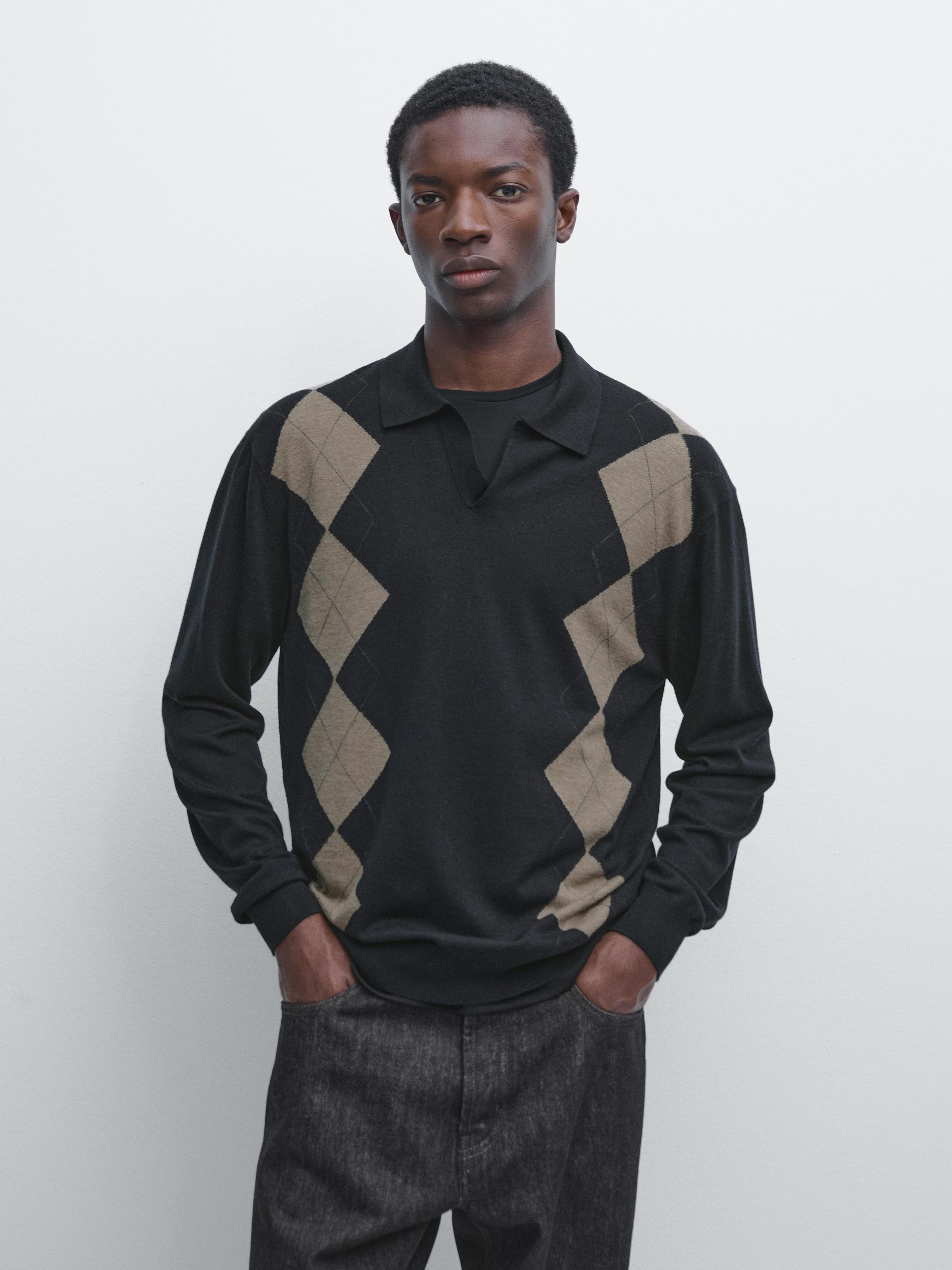 Wool blend argyle knit polo sweater